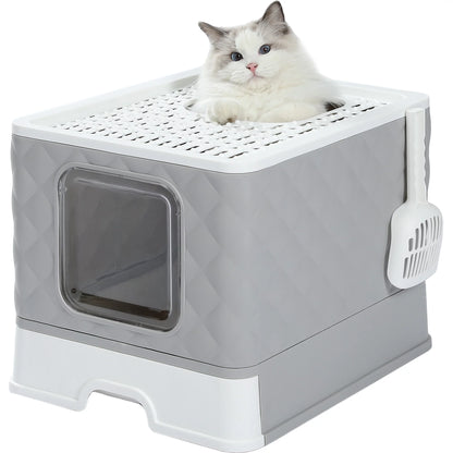 Enclosed Cat Litter Box Large with Lid Drawer Type Easy to Clean,Gray