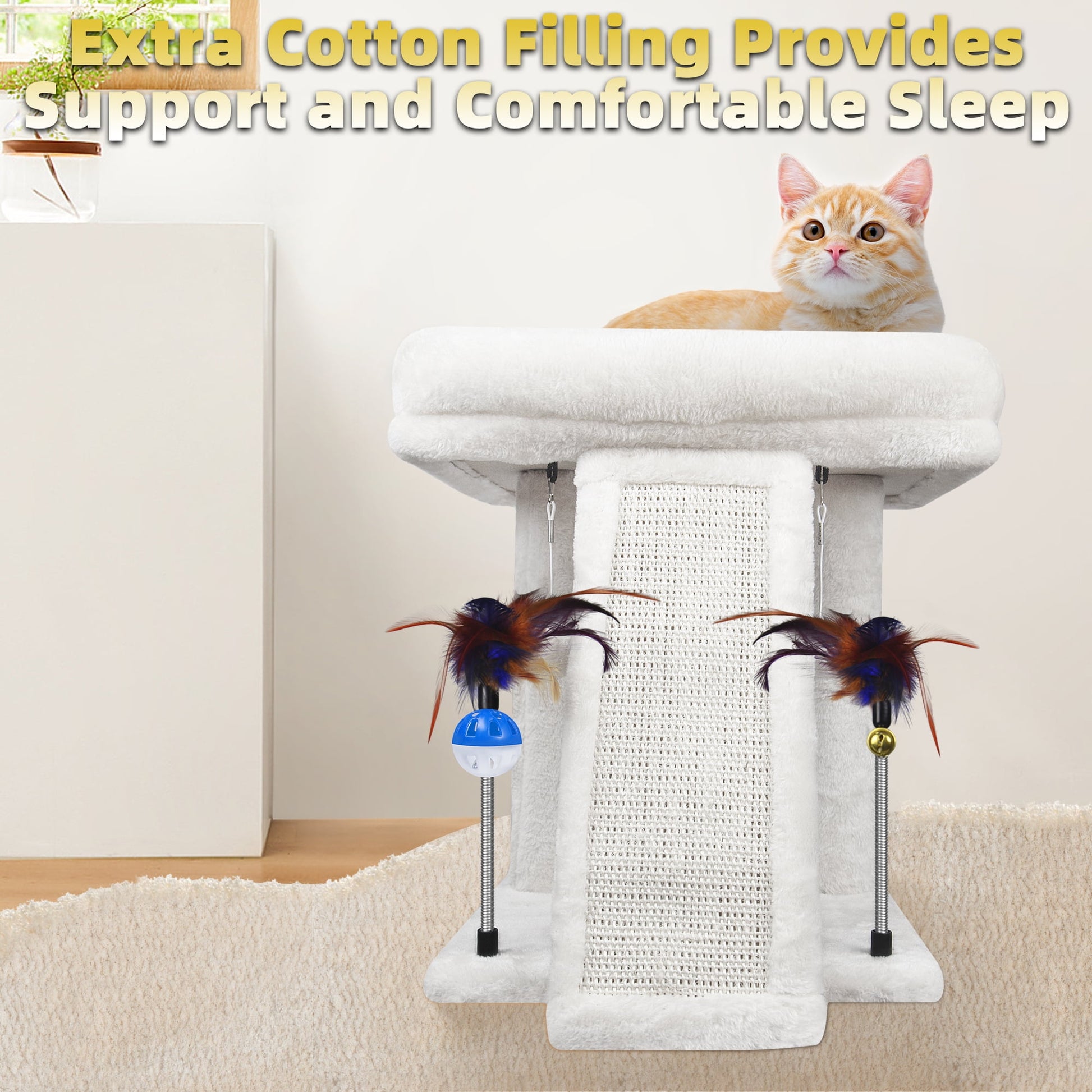 Cat Tree with Cat Condo Scratch Post Hammock Hanging Ball,Beige