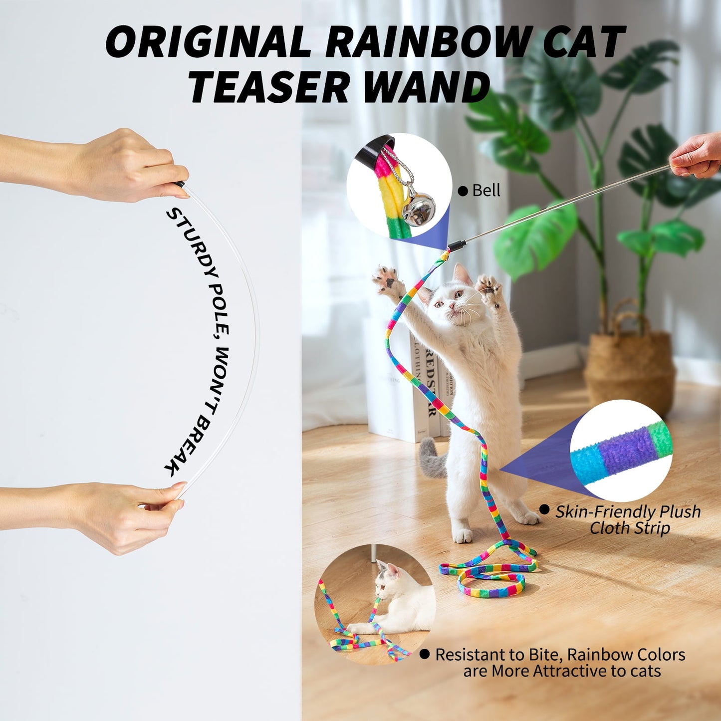 Interactive Cat Feather Toys for Indoor Cats, 2 Retractable Cat Teaser Wand and 1 Rainbow Wand with 9 Refills and 2 Spare Hook(14 Pack)