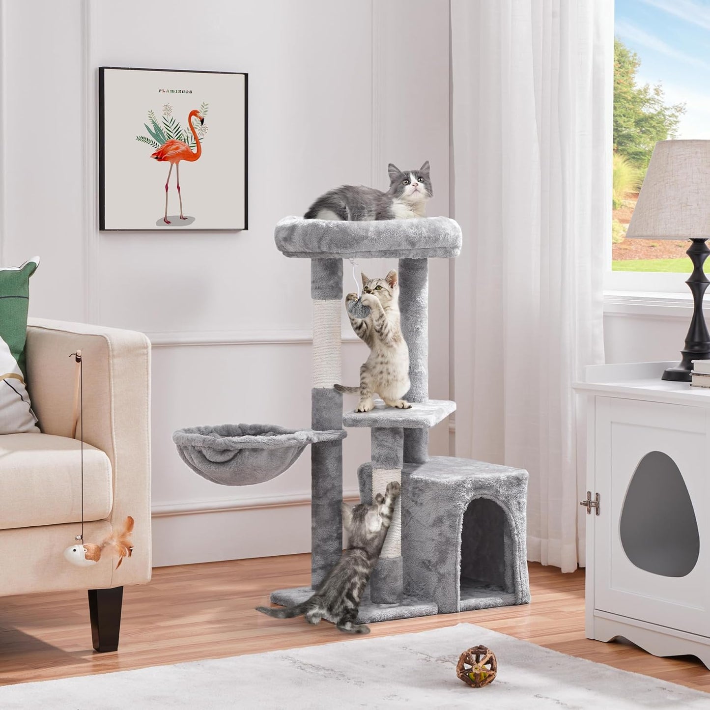 34In Cat Tower Plush Cover with Condo, Platform & Basket for Indoor Kittens, Cat Furniture Activity Tree