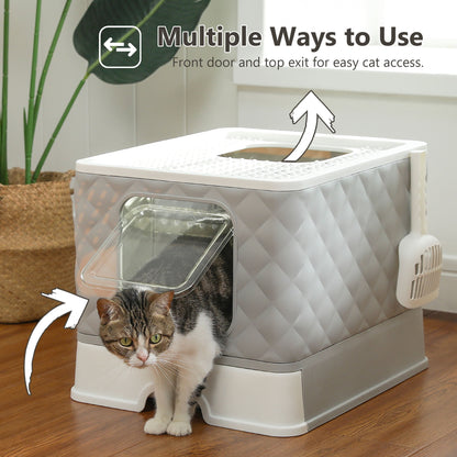 Enclosed Cat Litter Box Large with Lid Drawer Type Easy to Clean,Gray