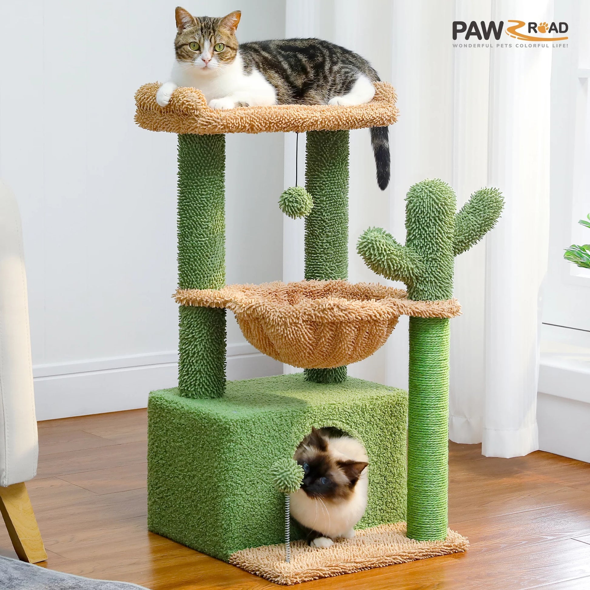 Cat Tree 33" Cute Cactus Cat Scratching Posts Tower with Large Top Perch and Hammock for Medium Indoor Cats, Green