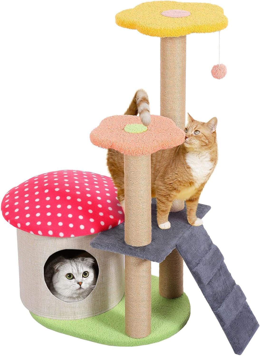 35" Mushroom Cat Tree, Cute Flower Cat Tower for Indoor Cats, Unique Cat Tree, Aesthetic Cat Tree with Sisal Scratching Post, 4 Layers Cat Playhouse for Kitten, Red Mushroom