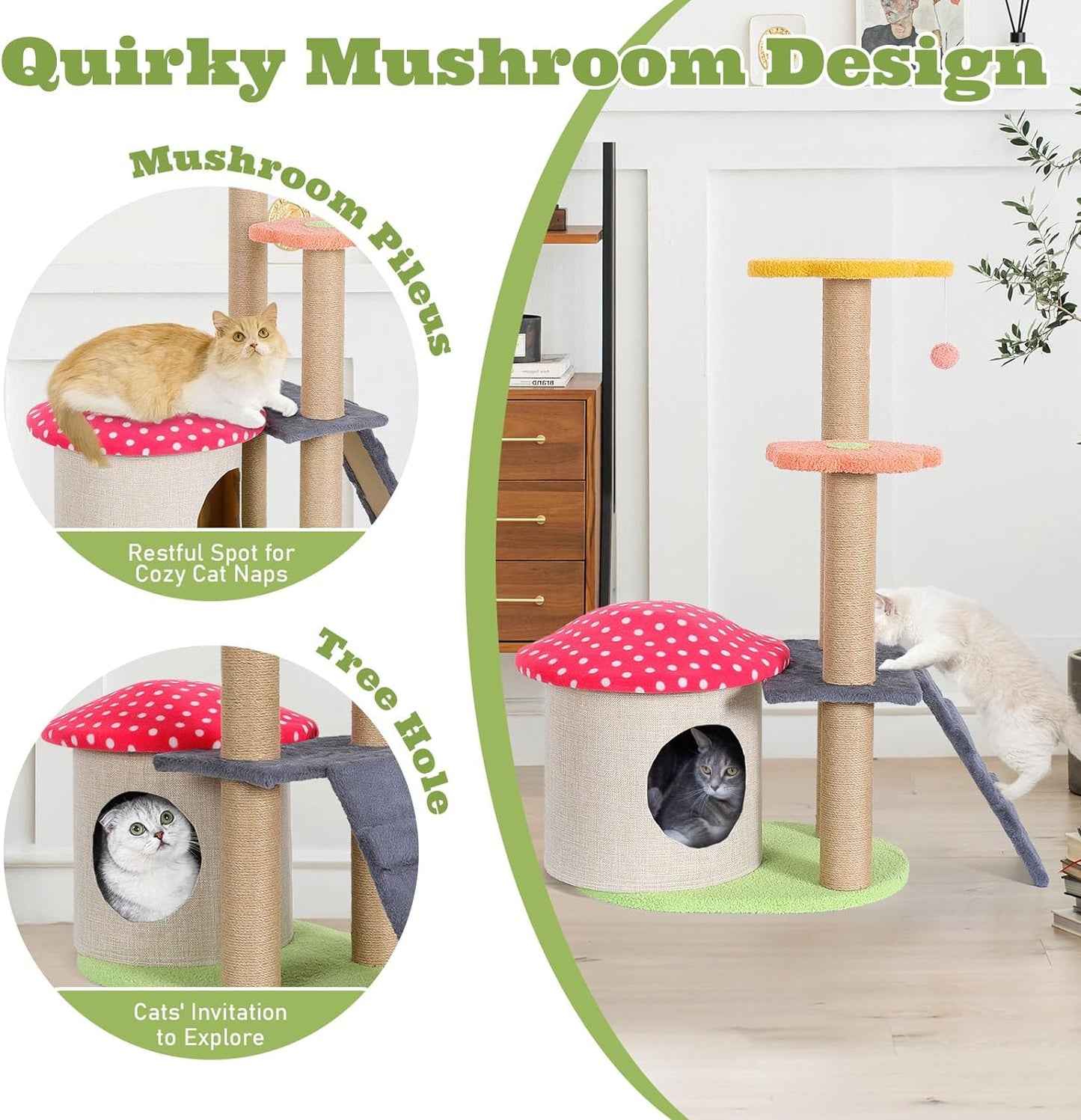 35" Mushroom Cat Tree, Cute Flower Cat Tower for Indoor Cats, Unique Cat Tree, Aesthetic Cat Tree with Sisal Scratching Post, 4 Layers Cat Playhouse for Kitten, Red Mushroom