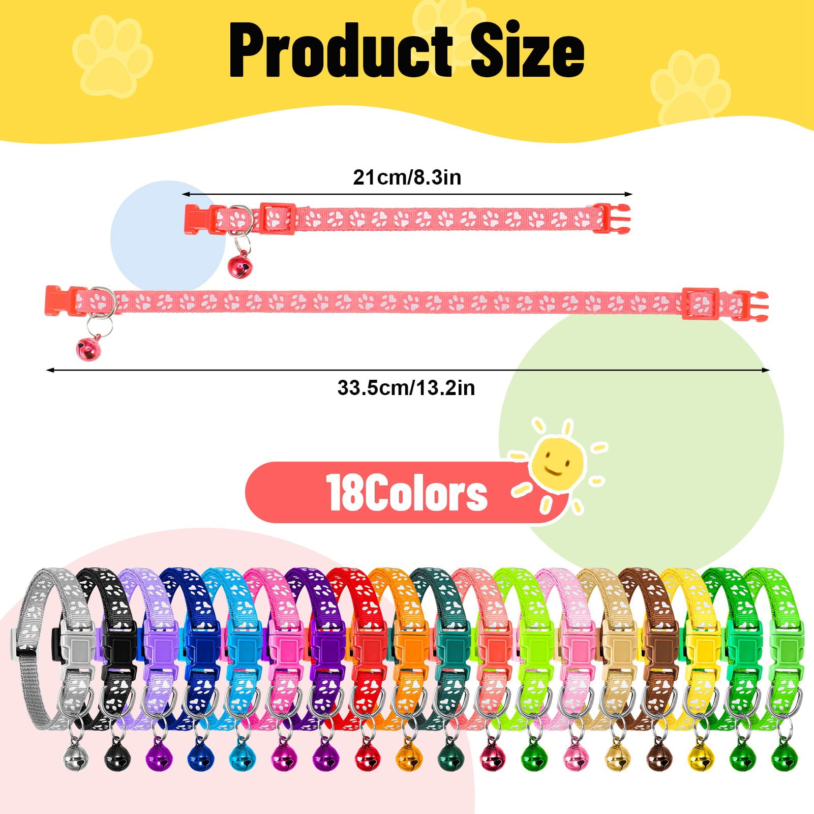 18 Pcs Cat Collar with Bell, Breakaway Cat Collars, Adjustable Whelping Collars, Assorted Colors 