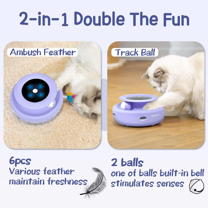 Cat Toys, 2-In-1 Interactive Cat Toys for Indoor Cats, Automatic Cat Toy Balls, Mice Toys Ambush Feather Kitten Toys with 7Pcs Attachments, Dual Power Supplies, Adjustable Speed, Auto On/Off