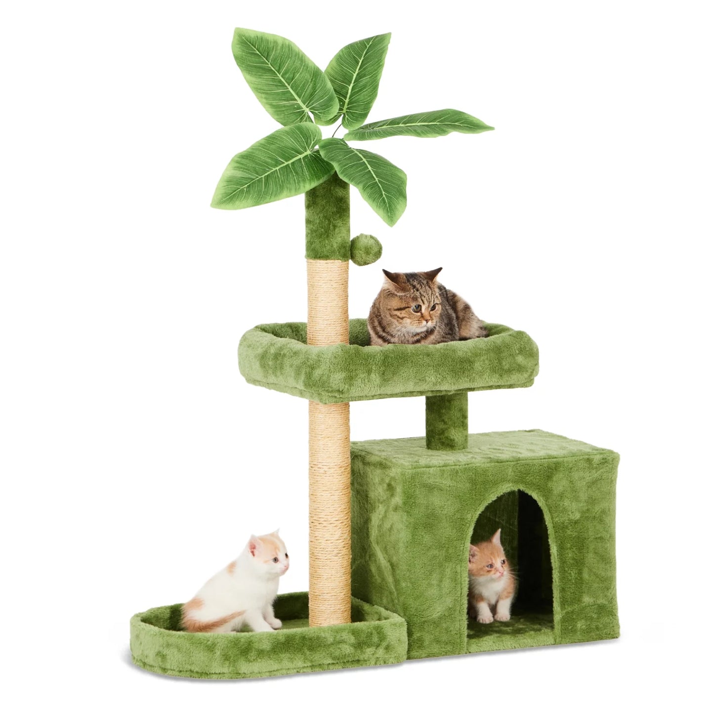 Cat Tower for Indoor Cats with Green Leaves, Cat Condo Cozy Plush Cat House with Hang Ball and Leaf Shape Design, Cat Furniture Pet House with Cat Scratching Posts