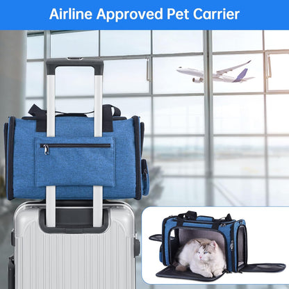 Cat Carrier Pet Travel Carrier by Airplane Approved under Seat, TSA Airline Approved Soft-Sided Carrier Bag for Cat,17.5 X 8.5 X 11 Inches (Blue)