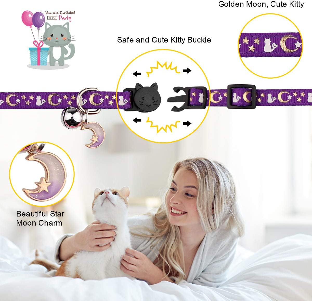 2PCS Breakaway Cat Collars with Bell Moons Stars with Pendant Glow in the Dark (Purple&Pink)