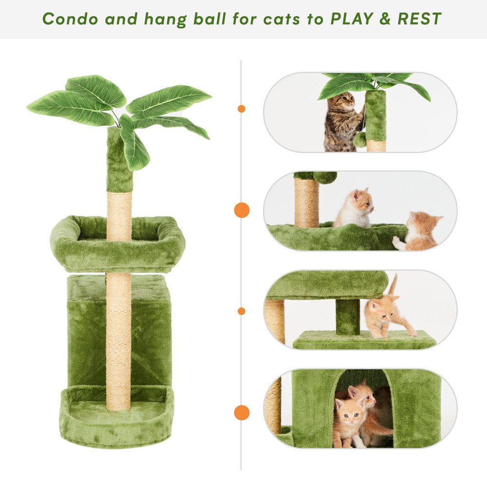 31.5" Cat Tree Cat Tower for Indoor Cats with Green Leaves, Cat Condo Cozy Plush Cat House with Hang Ball and Leaf Shape Design, Cat Furniture Pet House with Cat Scratching Posts,Grey