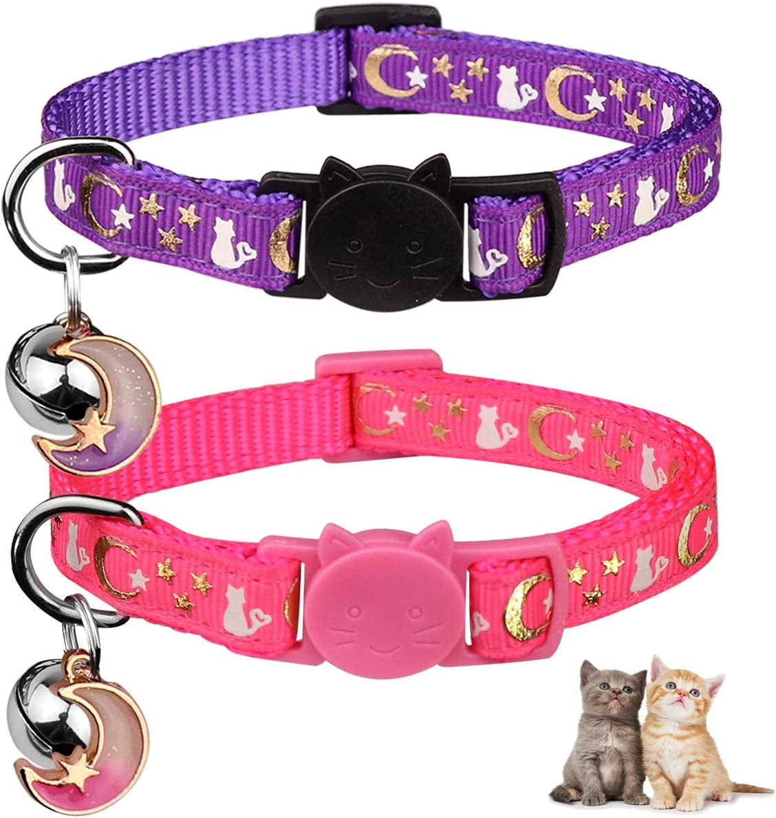 2PCS Breakaway Cat Collars with Bell Moons Stars with Pendant Glow in the Dark (Purple&Pink)