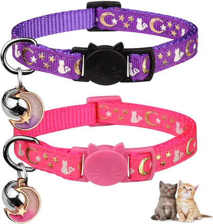 2PCS Breakaway Cat Collars with Bell Moons Stars with Pendant Glow in the Dark (Purple&Pink)