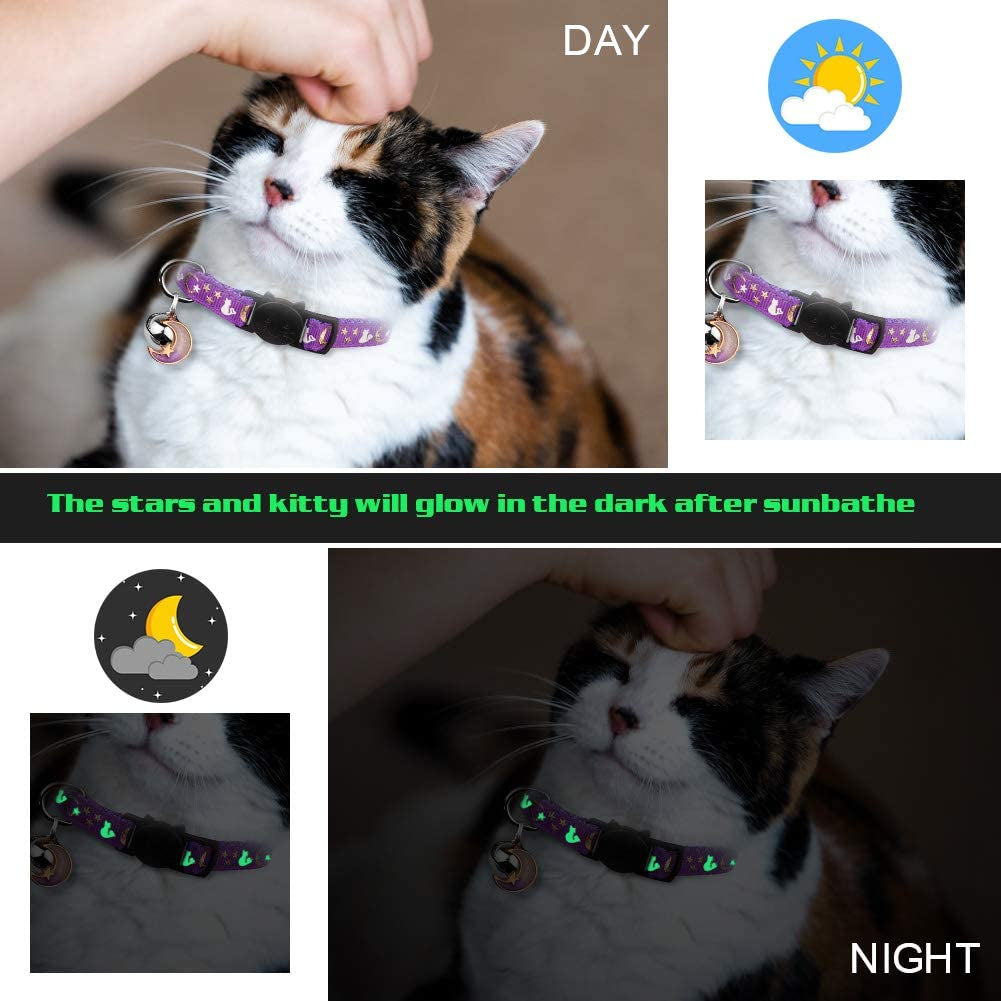 2PCS Breakaway Cat Collars with Bell Moons Stars with Pendant Glow in the Dark (Purple&Pink)