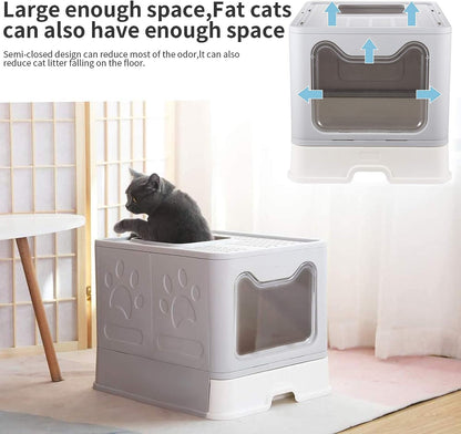 Foldable Cat Litter Box with Lid, Large Top Entry Litter Box with Cat Litter Scoop, Enclosed Cat Potty, Drawer Type Anti-Splashing Cat Supplies (Grey)