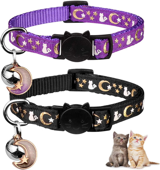 2PCS Breakaway Cat Collars with Bell Moons Stars with Pendant Glow in the Dark