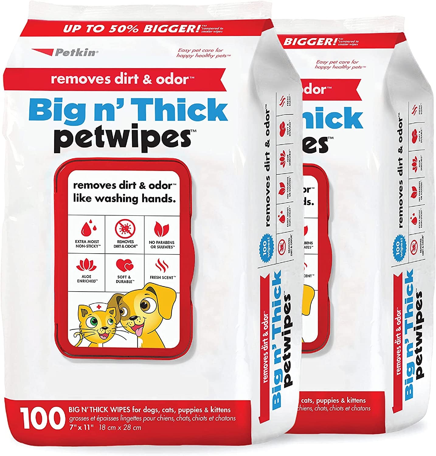 Pet Wipes for Cats, 200 Large Wipes - Removes Dirt & Odor like Washing Hands - Cleans Ears, Face, Butt, Eye Area - Convenient, Ideal for Home or Travel - 2 Packs of 100 Wipes