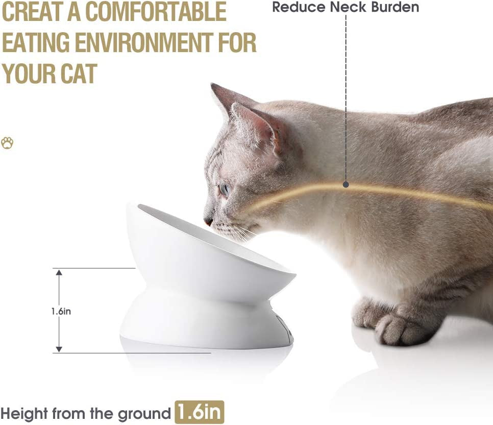 Ceramic Raised Cat Bowls, Slanted Cat Dish Food or Water Bowls, Elevated Porcelain Pet Feeder Bowl Protect Cat's Spine