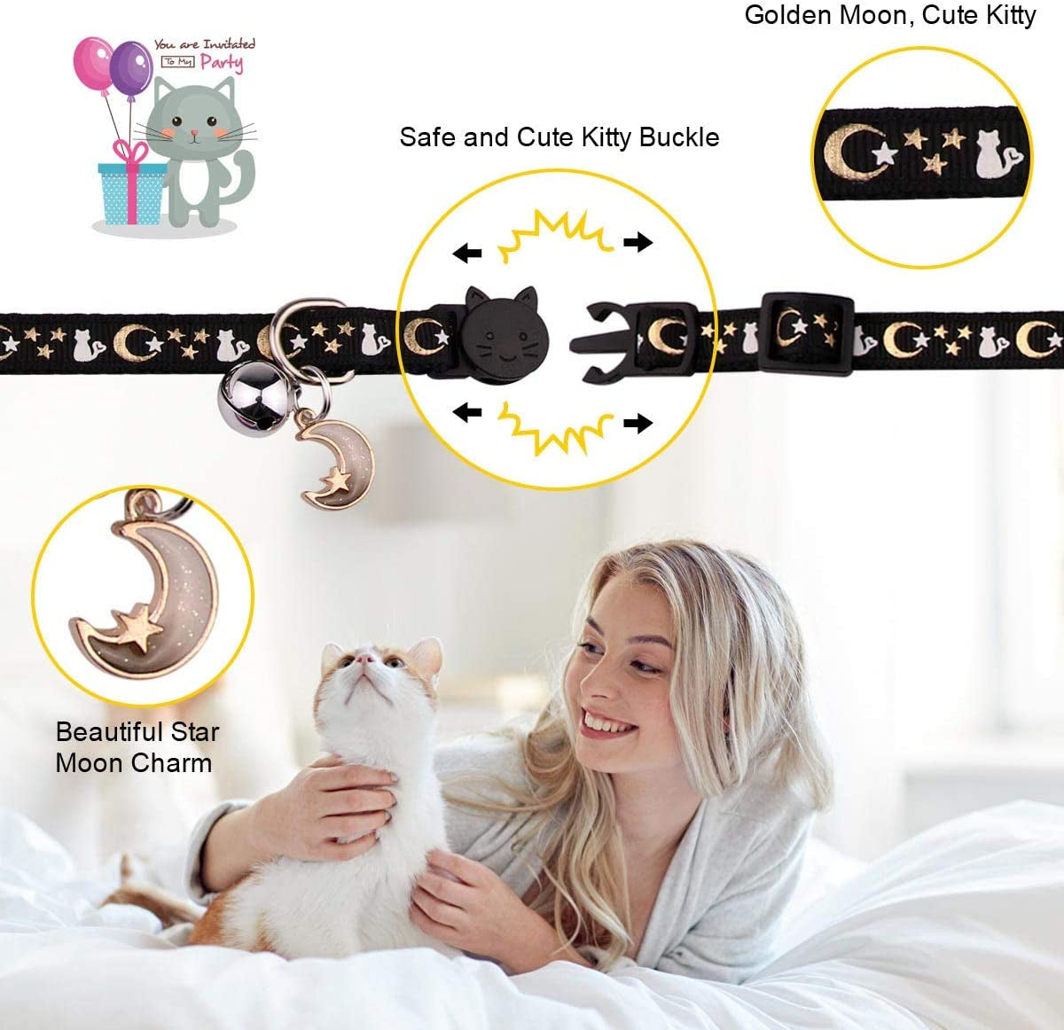 2PCS Breakaway Cat Collars with Bell Moons Stars with Pendant Glow in the Dark