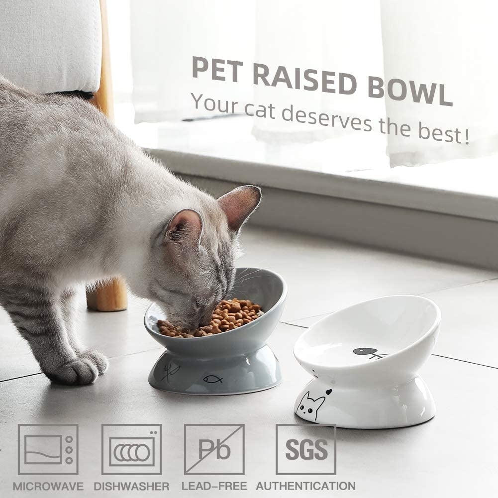 Ceramic Raised Cat Bowls, Slanted Cat Dish Food or Water Bowls, Elevated Porcelain Pet Feeder Bowl Protect Cat's Spine